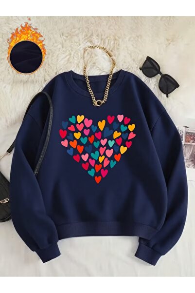 PALPİTO Γυναικείο φούτερ με στάμπα Navy Blue Heart Rain, με λαιμόκοψη ποδηλάτ...