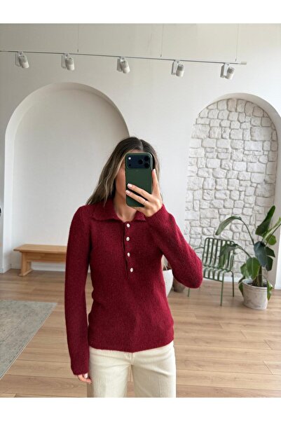 Sadık Collection Women's Polo Neck Stone Button Detailed Lime Sweater Bisou