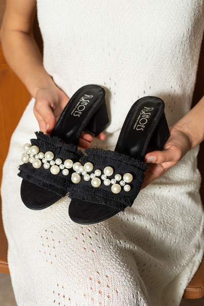 dabab shoes Nubia Women's Pearl Detailed Straw Heeled Black Slippers Sandals