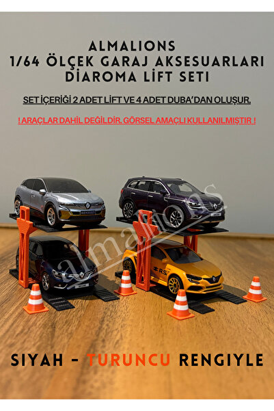 almalions 1/64 Scale Diaroma Vehicle Lift 2 Pieces + 4 Pieces Pontoon Garage Accessories Black - Orange