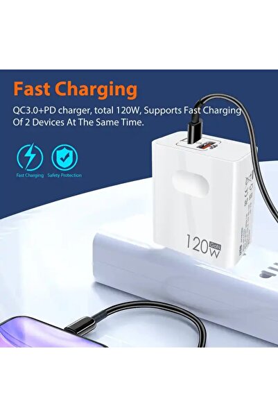 Zherqon 120W GaN Super Fast Wall Charger, Dual USB + USB-C PD, Compatible with Xiaomi, Apple, Samsung, OnePl