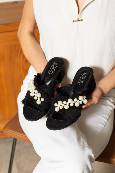 dabab shoes Anka Women's Straw Textured Pearl Thick Heel Slippers Sandals