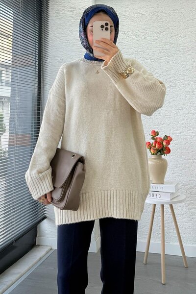 Miraydın Butik Women's Crew Neck Oversized Sweater - Stone