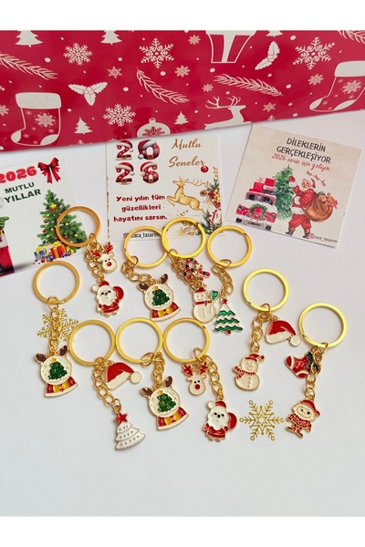 cacatasarım Yılbaşı Figürleri Charm Anahtarlık Noel Christmas 5 Adet Karışık Tebrik Kartlı Ve Jelatinli