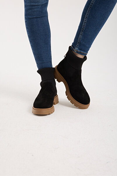 Jande Kadın Siyah Süet Çorap Detaylı Taba Taban Bot – Kalın Taban Günlük ve K...