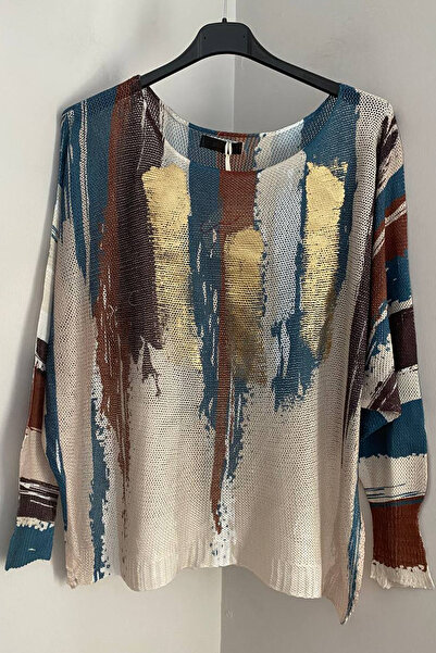 AYASOFYA OTANTIK Women's Italian Light Brown Gilded Batik Stripe Patterned Batwing Sleeve Mercerized Blouse Sweater