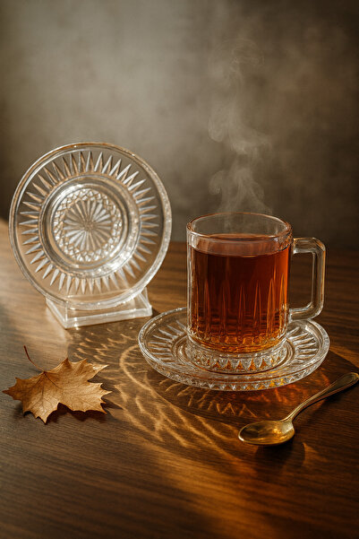 Gülümseten Avm 12-Piece Crystal Patterned Glass and Saucer Set with Handles, Stylish Tea and Coffee Presentation Set