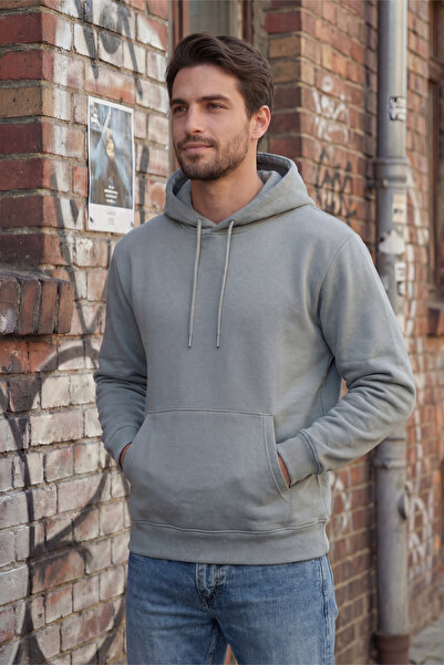 Veleno Сива мъжка блуза с качулка, 3 копчета и кенгуру джобове, мека пухкава ...