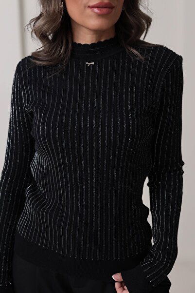 Sadık Collection Women's Glittery Corded Fabric Knitwear Blouse with Bow Accessory 0249