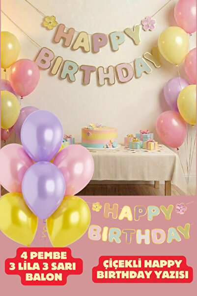 Baloncu Nene Renkli Çiçekli Happy Birthday Yazısı Balon Seti Sarı Lila Pembe ...