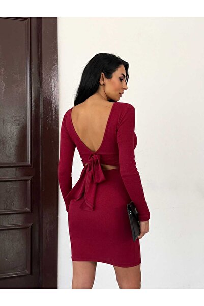 trendhazan فستان طويل الأكمام ذو ظهر واسع وفتحة صدر منخفضة مع تفاصيل ربط على ...