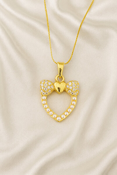 A-STİL TAKI Women's Gift Box Pearl Ribbon Heart Steel Necklace