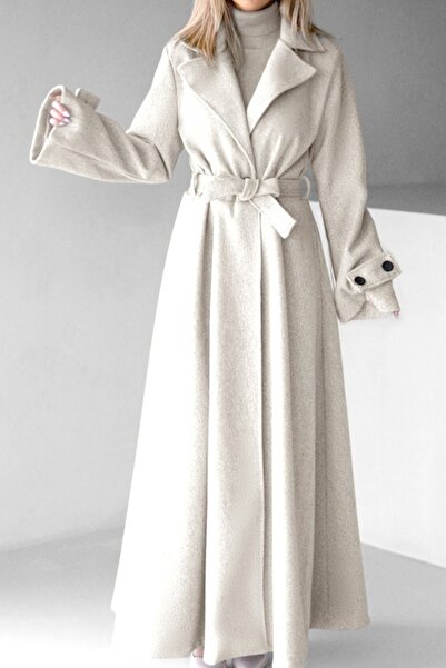 FashionForYou Long coat with Merina buttons, pleats and drawstring, White, Size S/M