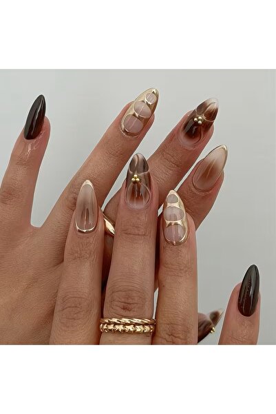 B&B Beauty 24 Adet Karamel Altın Boncuklu Çiçek Tasarımlı Orta Boy Badem Takm...