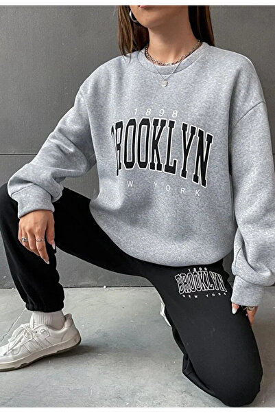 Mayer Butik 1898 Brooklyn Black Jogger Gray Sweatshirt Bottom Top Tracksuit Set Oversize Crew Neck