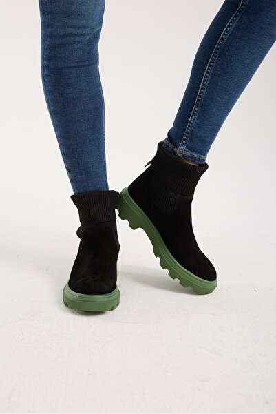 Jande Kadın Siyah Süet Çorap Detaylı Yeşil Taban Bot – Kalın Taban Günlük ve ...