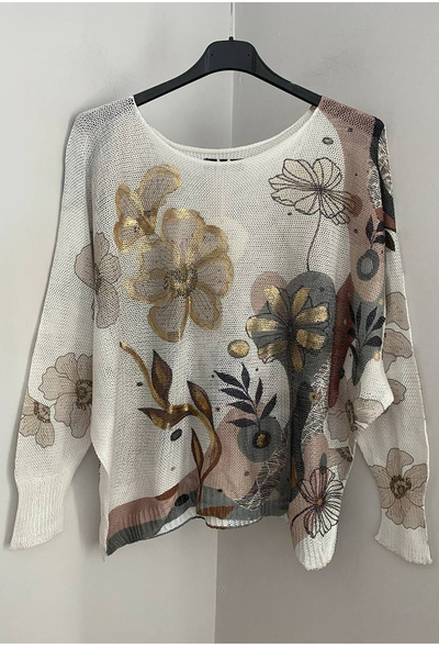 AYASOFYA OTANTIK Women's Italian White Gilded Ivy Flower Patterned Batwing Sleeve Mercerized Blouse Sweater