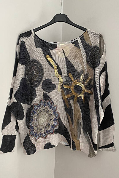 AYASOFYA OTANTIK Women's Italian Ecru Glitter Zebra Mandala Patterned Batwing Sleeve Mercerized Blouse Sweater