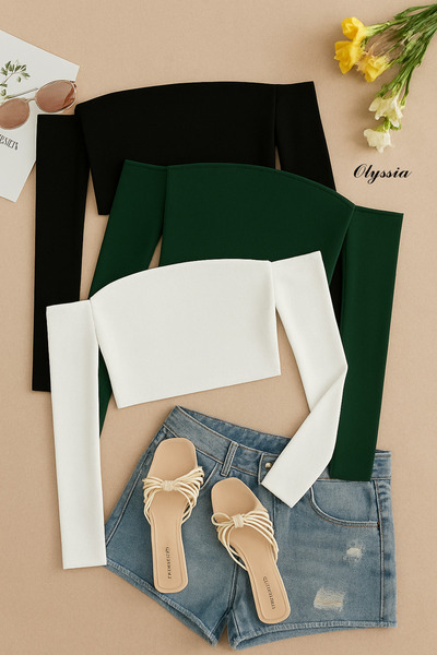 Olyssia Women's 3-Pack Madonna Collar Blouse Bodycon Stretchy Long Sleeve Crop Bustier – Stylish and Trendy Top