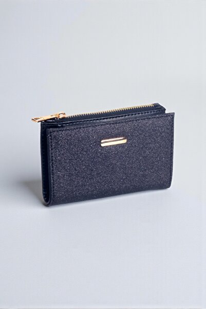 dericom Siyah Simli Fermuarlı Kadın Cüzdan – Fermuarlı Bozuk Para Gözlü, İnce Model