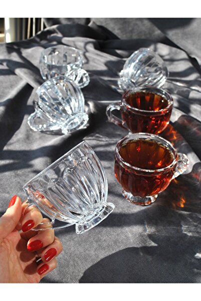 Qualitev Set of 6 Glass Tea Cups with Handles and Feet, 205 ml - Coral