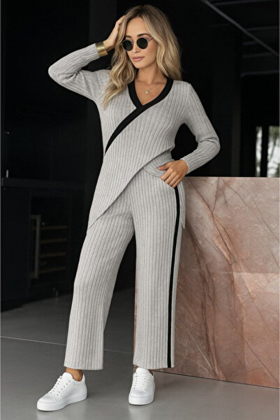 Ekince Women's Long Sleeve V Neck Cross Detailed Hooded Camisole Blouse and Pants Double Set