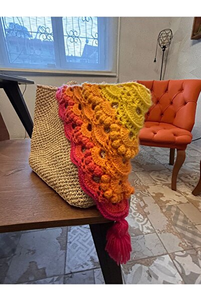 Patiska Tasarım Crochet Paper String Bag Vibrant Color Cotton Detailed Faux Leather Based Tote