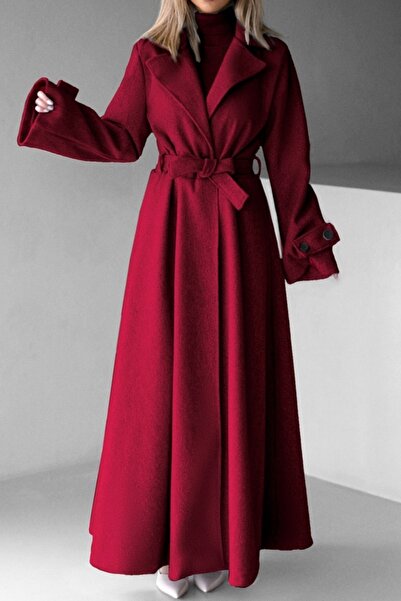 FashionForYou Long coat with Merina buttons, pleats and drawstring, Red, Size S/M