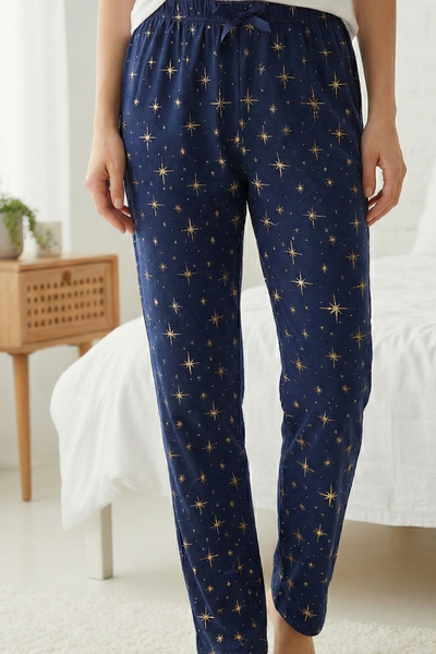 Elemge 100% Cotton Patterned Women's Pajama Bottoms Interlock Fabric Comfortable Fit Indigo Pocketless Ribbon Star Print