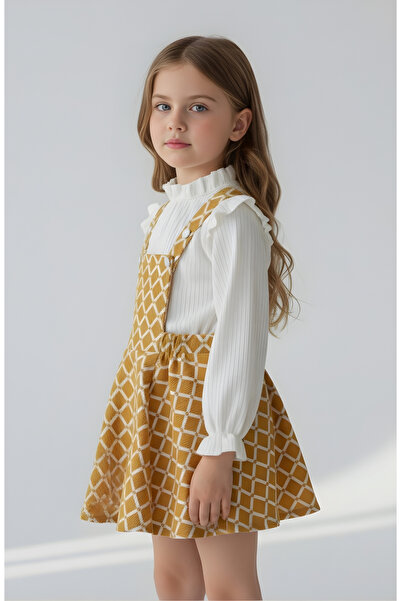FESSHERA KİDS Girl's Baklava Pattern Salopet Jile and Corded Fabric Blouse Set - Ruffled 2-Piece Bottom Top Set