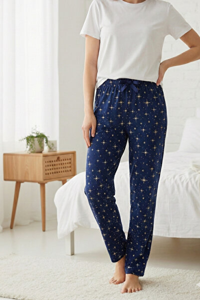Elemge 100% Cotton Patterned Women's Pajama Bottoms Interlock Fabric Comfortable Fit Indigo Pocketless Ribbon Star Print
