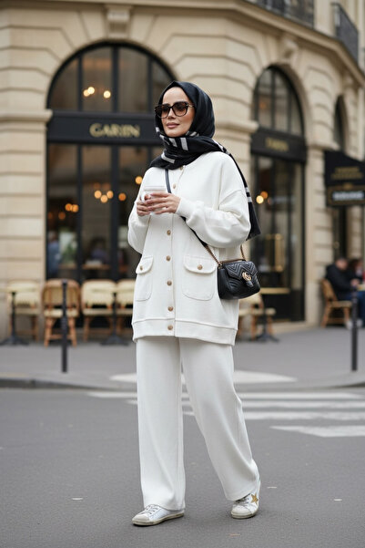 Aselim Hijap Moda Oslo Thessaloniki Fabric Cardigan Double Suit – O Oversized Mold – Winter Hijab Suit Ecru