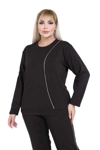 MELSAY Women's Plus Size Black Ecru Stripe Detail Modal Tracksuit Set