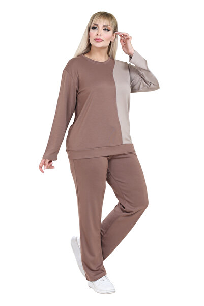 MELSAY Women's Plus Size Mink-Ecru Color Block Modal Tracksuit Set