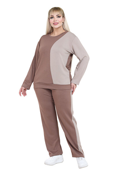 MELSAY Women's Plus Size Mink-Ecru Color Block Modal Tracksuit Set