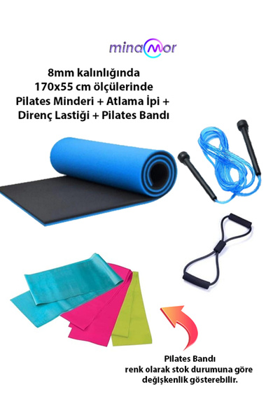 Minamor 4lü Pilates Seti ( 8mm Kalınlığında Pilates Minderi+Atlama İpi+Direnç...
