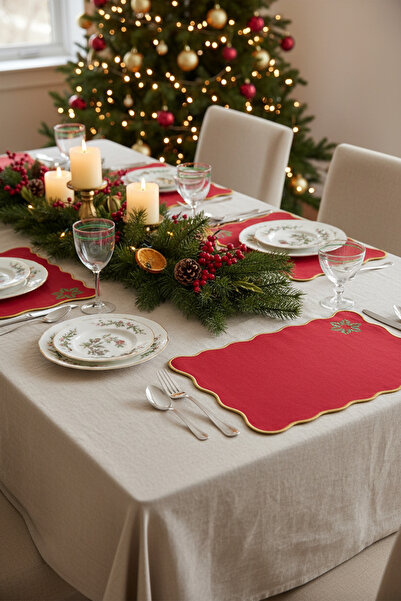 Haus Violett Golden Edge Winter Red Nakışlı Amerikan Servisi – %100 Keten, 35x49 cm yılbaşı sofraları