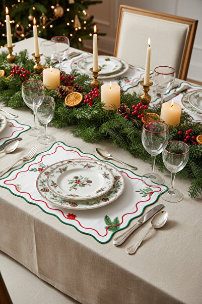 Haus Violett Waterway Winter Botanica Nakışlı Amerikan Servisi – %100 Keten, 35x49 cm Yeniyıl masa tasarım