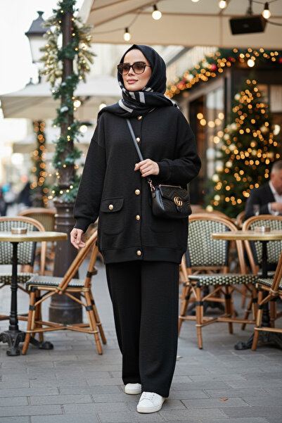 Aselim Hijap Moda Oslo Thessaloniki Fabric Cardigan Double Suit – O Oversized Mold – Winter Hijab Suit Black