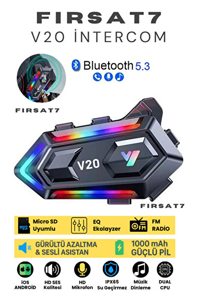 Fırsat7 V20 Bluetooth 5.3 Su Geçirmez Motosiklet Kask RGB Bluetooth Interkom ...