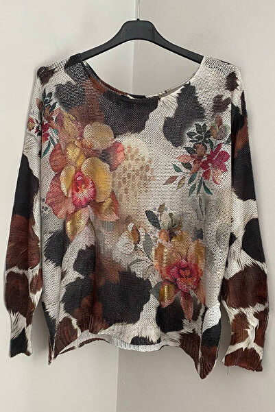 AYASOFYA OTANTIK Women's Italian Beige Gilded Botonic Patterned Batwing Sleeve Mercerized Blouse Sweater