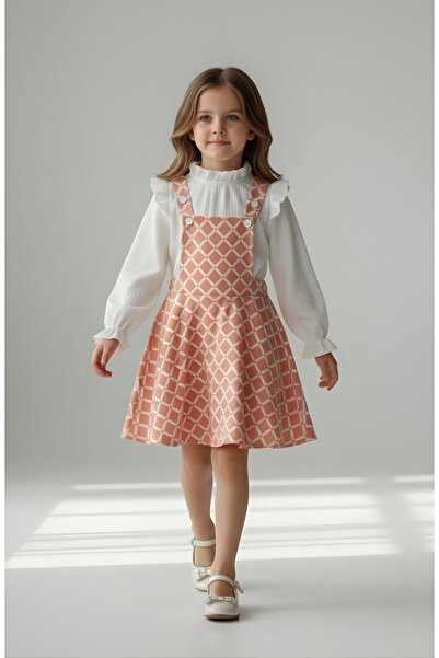 FESSHERA KİDS Girl's Baklava Pattern Salopet Jile and Corded Fabric Blouse Set - Ruffled 2-Piece Bottom Top Set