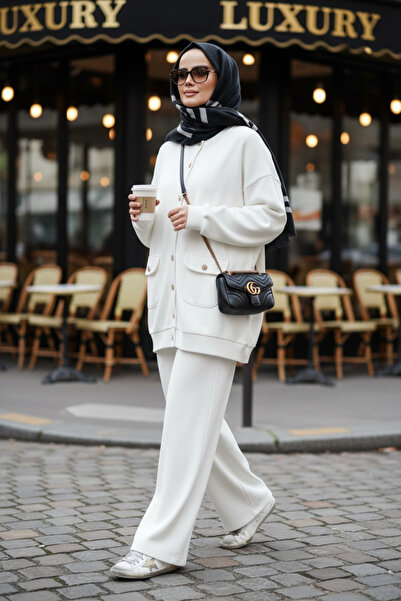 Aselim Hijap Moda Oslo Thessaloniki Fabric Cardigan Double Suit – O Oversized Mold – Winter Hijab Suit Ecru