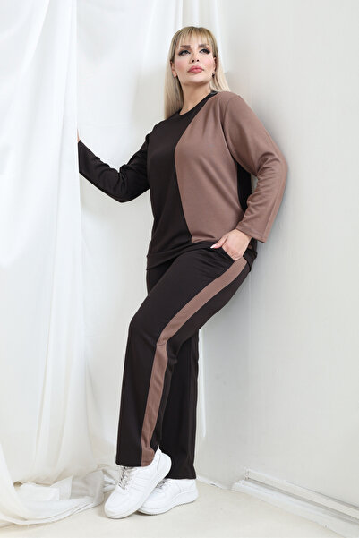 MELSAY Women's Large Size Light Brown-Mink Color Block Modal Tracksuit Set