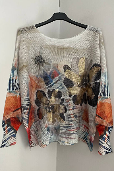 AYASOFYA OTANTIK Women's Italian Beige Glittery Wavy Floral Pattern Batwing Sleeve Mercerized Blouse Sweater