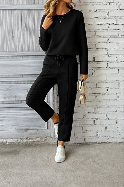 buğrahayalin Women's Long Sleeve Ribbed Side Viscose Two-Piece Set with Two T...