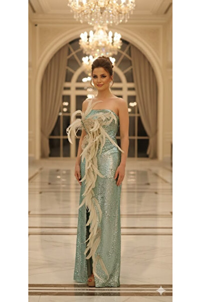 Zeyn ABİYE KADIN STRAPLEZ OTRİŞ VE TÜY DETAYLI PUL PAYET DETAYLI ELBİSE