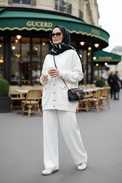 Aselim Hijap Moda Oslo Thessaloniki Fabric Cardigan Double Suit – O Oversized Mold – Winter Hijab Suit Ecru