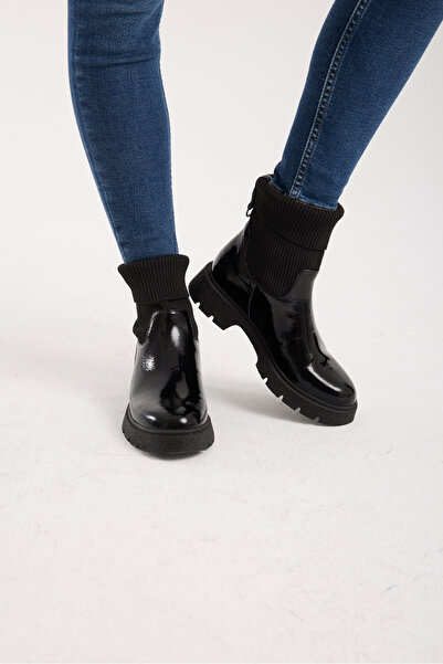 Jande Kadın Siyah Rugan Çorap Detaylı Bot – Kalın Taban Günlük ve Kışlık Bot