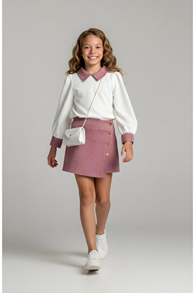FESSHERA KİDS Комплект за момичета с риза и къса пола с копчета - 2-компонентен комплект за училище от текстурирана материя с безплатна чанта